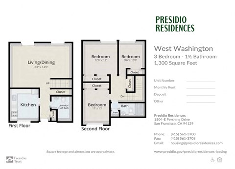 Floor plan for 3 beds, 1.5 baths, 1300 sqft